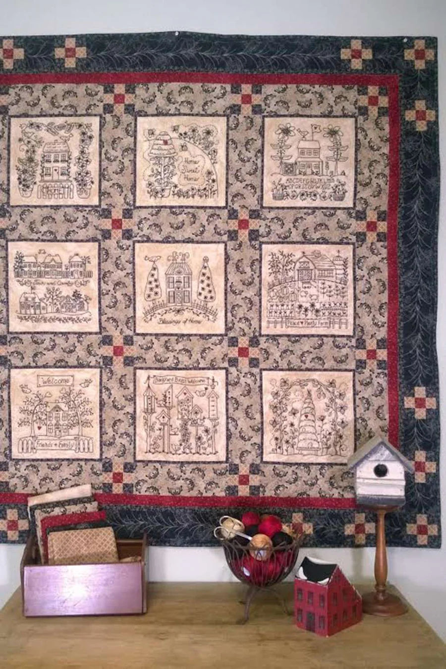 Home and Heart BlackWork Quilt